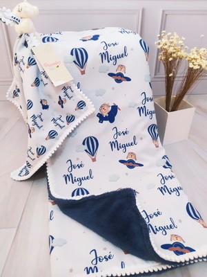 Kit manta e naninha personalizada ursinho aviador, baloeiro