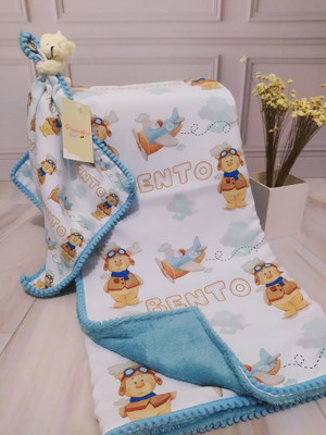 Kit manta e naninha personalizada urso aviador clean