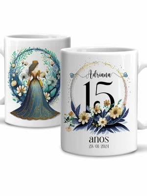 Caneca debutante 15 anos com nome e data em cerâmica mod 4