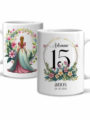 Caneca debutante 15 anos com nome e data em cerâmica mod 6