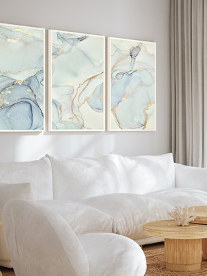 Kit 3 quadros decorativos abstrato azul gold claro moldura