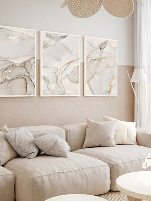 Kit quadros decorativos abstrato moderno claro gold moldura