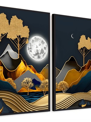 Composição de quadros floresta dourada sob o luar