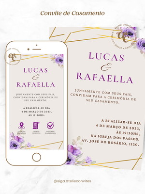 Convite casamento floral violeta com links - arte digital