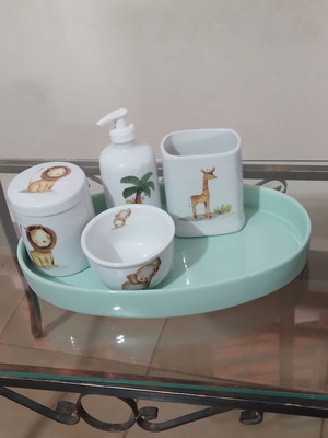 Kit higiene porcelana bebê safári porta pente bandeja louça