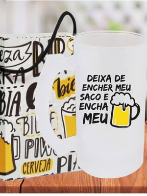 Caneca chopp vidro jateada personalizada 500ml brinde caixa.