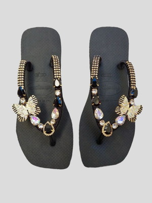 Havaianas preto pedraria borboleta personalizada luxo