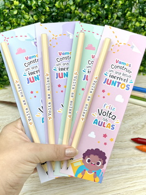 5 cartões com lapis personalizado - volta as aulas