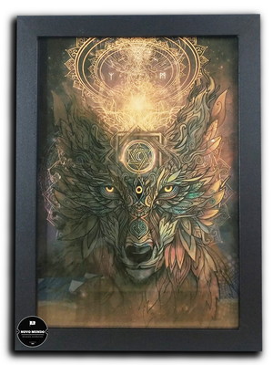 Quadro animais lobo xamã espiritual com moldura e acetato a4