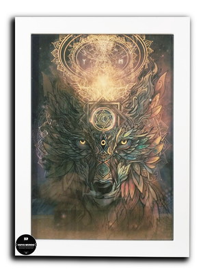 Quadro animais lobo xamã espiritual com moldura e acetato a4