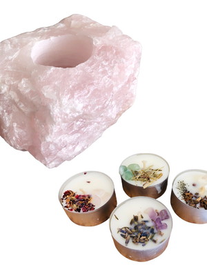 Porta vela pedra quartzo rosa + kit velas pedras naturais