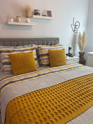 Xale peseira em tricô para cama casal + 2 capas de almofada