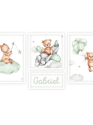Kit 4 quadros quarto de bebe menino ursinho verde com nome