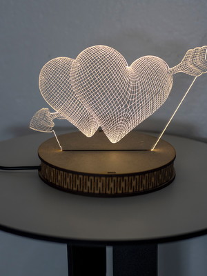 Luminária led 3d acrílico 2 corações, base mdf