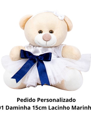 Ursinha daminha vestido cetim branco e lacinho marinho 15cm