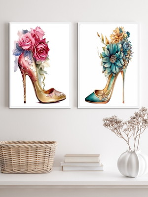 Kit 2 quadros sapatos de salto com flores