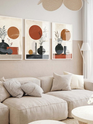 Kit 3 quadros flores boho sala com moldura e vidro