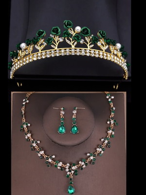 Conjunto tiara flor colar brincos verde noiva debutante miss