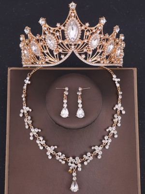 Conjunto coroa tiara colar brinco noiva debutante dourada