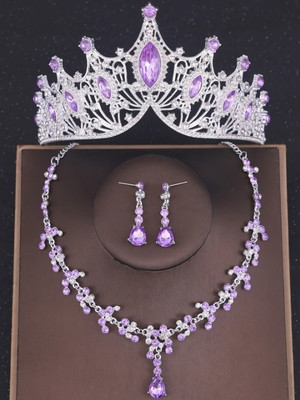 Conjunto coroa tiara com colar brinco noiva miss prata lilas
