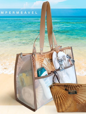 Cj. bolsa de praia piscina impermeável e necessaire conchas