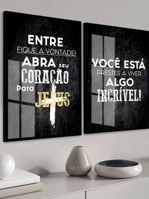 Quadro decorativo com vidro frases jesus religião 2 peças