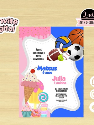 Convite digital dois temas/duplo - confeitaria e bolas