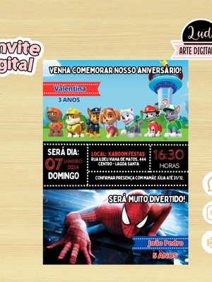 Convite digital dois temas/patrulha canina e homem aranha