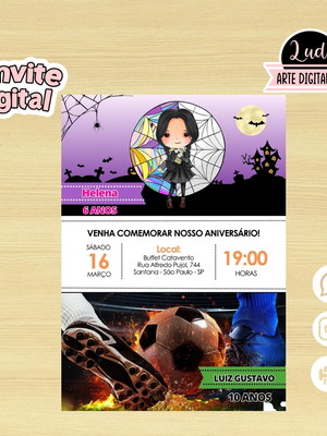 Convite digital dois temas/duplo - wandinha e futebol