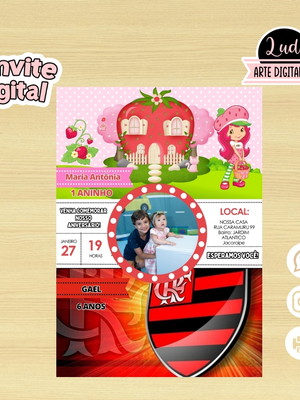 Convite digital dois temas/duplo - moranguinho e flamengo