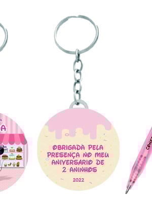 Kit chaveiro minie confeitaria com holografia + caneta
