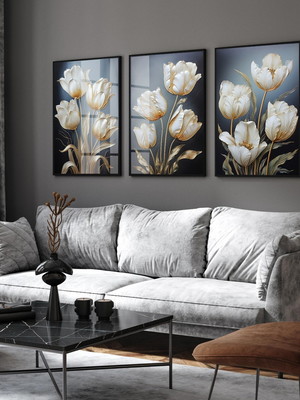 Kit 3 quadros flores brancas trio modernas com molduras