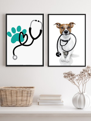 Kit 2 quadros decorativos clinica veterinária-a4 com vidro