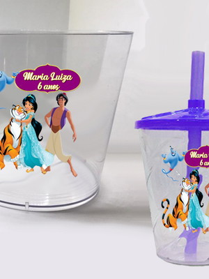 Balde de pipoca e copo jasmine e aladim