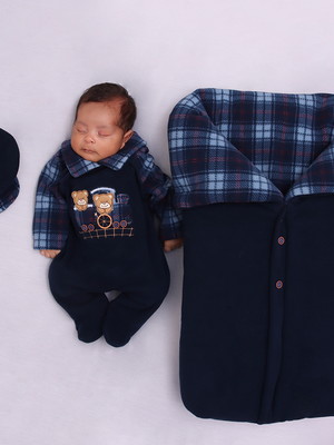 Saída de maternidade com porta bebê menino ursinhos marinho