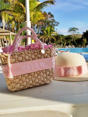 Kit - bolsa de palha infantil e chapéu personalizados