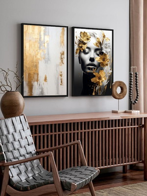 Kit 2 quadros mulheres floridas luxo abstrato dourado