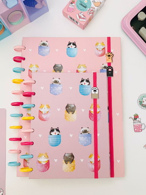 Caderno de disco rosa com folhas decoradas capa dura