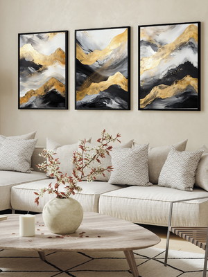 3 quadros decorativos abstrato dourado preto faixa molduras