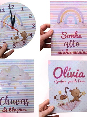 Kit placas mdf+ relógio personalizado glitter