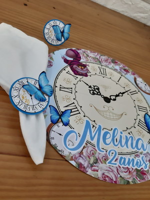 Kit mesa posta alice no país das maravilhas relógio