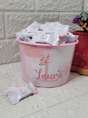 Balde com 100 balas personalizadas borboleta