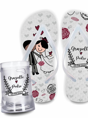Kit chinelos madrinhas e caneca gel para padrinhos casamento