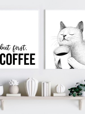 Kit 2 quadros café gato- but first coffee- a4 com vidro
