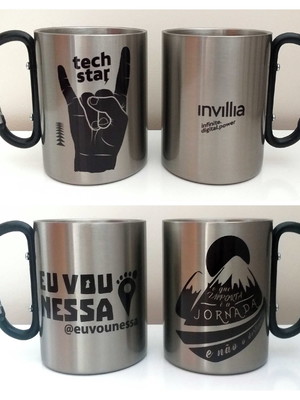 Caneca inox com alça mosquetão 300 ml personalizada
