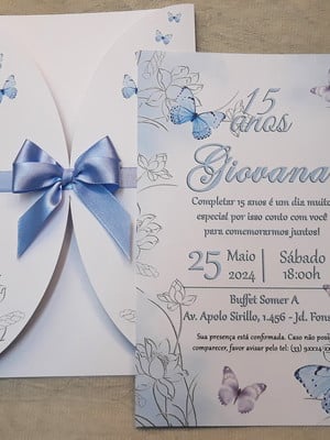 Convite 15 anos 14x20cm borboletas azul serenity