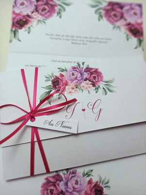 Convite de casamento com fita de cetim - pink e lilás