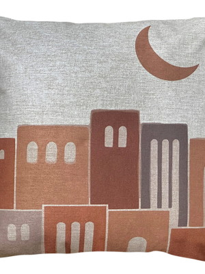 Almofada linho bege cidade vila árabe rosê terracota 45x45