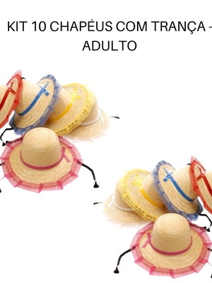 Kit 10 chapeu de palha adulto com renda e trança envio sorti