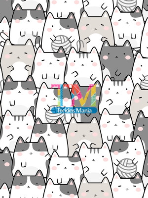 Tecido microfibra- gatos- cinza com branco